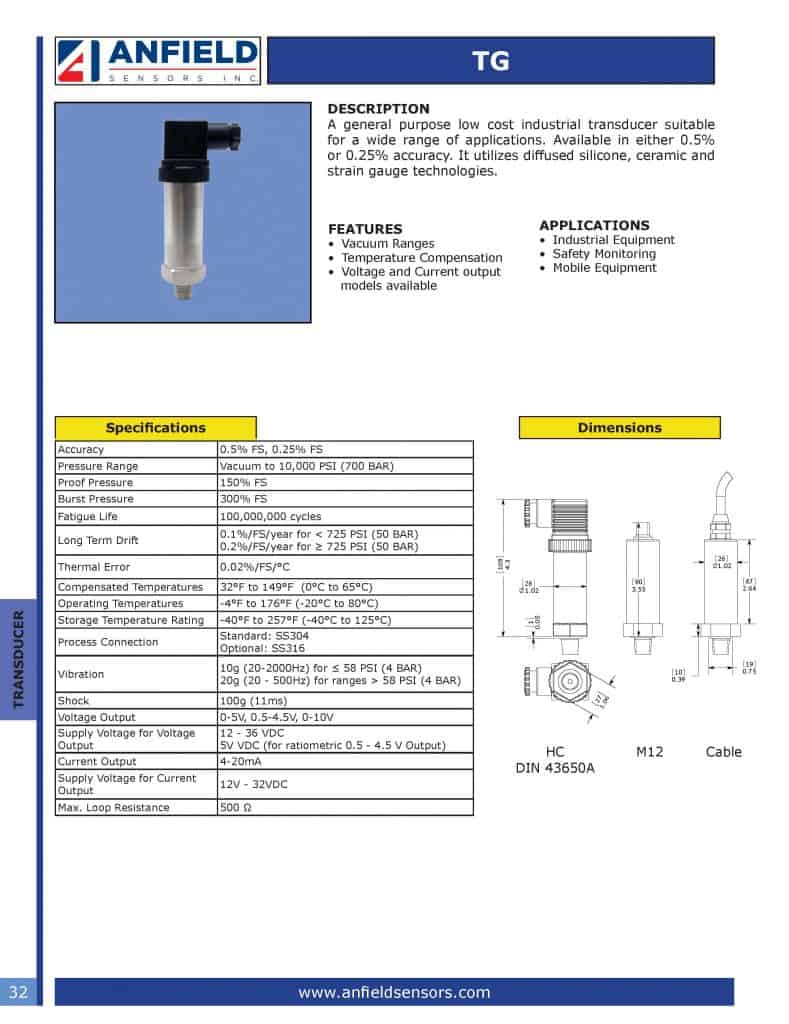 Industrial Vacuum / Pressure Transducer ordering information'
